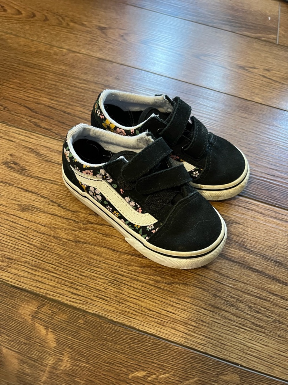 Vans Black Kids Floral Velcro Sneakers with White Stripe